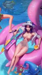 1girls breasts caitlyn_kiramman edit eyewear_on_head functionally_nude_female garter hat league_of_legends legs_together lulu_the_fae_sorceress necklace partially_submerged pool_party pool_party_caitlyn pool_party_lulu pool_party_series pool_toy purple_hair rift_scuttler shirt_open squirt_gun sunglasses sunglasses_on_hat sunglasses_on_head swimming_pool thigh_strap topless viewed_from_above water_gun