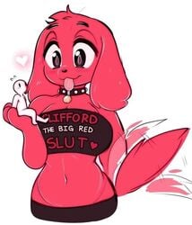 bigger_female blush canine clifford clifford_the_big_red_dog collar furry giantess heart looking_down macro raikissu red_fur rule_63 tailwag tongue_out