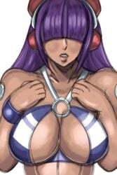 1girls android big_breasts blush breast_focus breasts dark-skinned_female dark_skin female fringe layer mega_man mega_man_x mega_man_x_dive purple_hair robot_ears robot_girl solo_female swimsuit_layer_(x_dive) teega upper_body