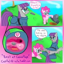 capital-h comic dialogue duo earth_pony equid equine female feral friendship_is_magic gaping gaping_pussy genitals heart hi_res horse mammal maud_pie_(mlp) my_little_pony nude pinkie_pie_(mlp) pony pussy rock sibling sister sisters