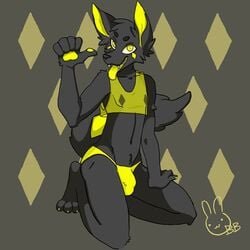 anthro briefs bulge bunnyblanket canid canine canis clothing cropped_jacket genital_outline gesture hi_res kneeling looking_at_viewer male mammal penis_outline pointing pointing_at_self softdiamond solo spread_legs spreading tongue underwear wolf yellow_eyes yellow_tongue