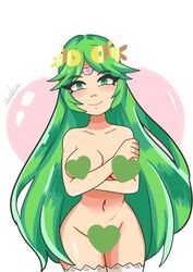 1girls bbycheese breasts casual censored censored_breasts censored_nipples censored_pussy female green_eyes green_hair human kid_icarus looking_at_viewer naked nintendo nipple_censor nude nudist pale_skin palutena solo thigh_highs thighhighs white_background white_skin