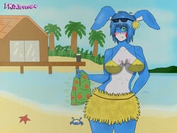 beach bikini bikini_top blue_hair blue_skin bunny_ears bunny_girl clothed clothed_female five_nights_at_freddy's five_nights_in_anime flower flower_on_head fnialover84 furry glasses glasses_on_head green_eyes island pants_removed rabbit rabbit_ears rabbit_girl reference skirt solo spycrab text tongue_out toy_bonnie_(fnaf) yellow_clothing