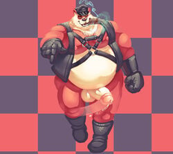 2018 5_fingers anthro balls beckoning biped blazingcheecks bodily_fluids boots checkered_background cigar clothed clothing digital_drawing_(artwork) digital_media_(artwork) erection fingers footwear full-length_portrait fur genital_fluids genitals gesture giant_panda glans gloves handwear harness hat headgear headwear jacket leather leather_clothing leather_jacket leather_topwear looking_at_viewer male mammal multicolored_body multicolored_fur musclegut nipples open_mouth overweight overweight_anthro overweight_male partially_clothed pattern_background penis pink_glans pink_nipples portrait precum red_body red_eyes red_fur shaded simple_background smile smoke smoke_from_mouth smoking solo standing thick_penis topwear two_tone_body two_tone_fur ursid ursine white_body white_fur white_penis