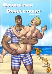 2boys ass bara beach bulge butt cliff_(pokemon) flaccid gay gym_uniform human interracial krabby lt_surge lupin_barnabi male male/male male_only melanin nintendo nude outdoors pokemon teasing wardrobe_malfunction