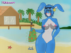 beach blue_hair blue_skin bunny_ears bunny_girl clothes_removed five_nights_at_freddy's five_nights_in_anime flower flower_in_hair fnialover84 furry glasses glasses_on_head green_eyes island nipples nude nude_female pants_removed rabbit rabbit_ears rabbit_girl reference solo spycrab text tongue_out toy_bonnie_(fnaf)