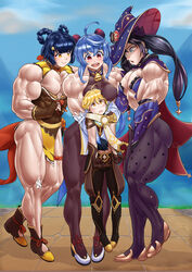 1boy 3girls aether_(genshin_impact) extreme_muscles ganyu_(genshin_impact) genshin_impact larger_female mona_(genshin_impact) multiple_girls muscular_female pegius taller_girl xiangling_(genshin_impact)