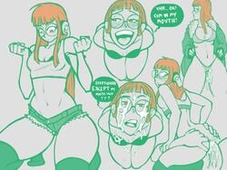 blush blushing_at_viewer bra character_sheet commission cum cum_drip cum_dripping cum_dripping_down_chin cum_in_pussy cum_inside cum_on_body cum_on_breasts cum_on_face cum_on_glasses dumpsite faceless_male glasses headphones long_hair looking_at_partner looking_at_viewer looking_back looking_down looking_up medium_ass open_mouth orange_eyes orange_hair panels panties penetration penis_in_pussy persona persona_5 persona_5_royal sakura_futaba shirt short_shorts shorts small_breasts speech_bubble thighhighs underwear