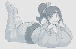 1girls aged_up big_breasts clothed female hoodie huge_ass huge_breasts kittenboogers landscape laying_on_stomach leggings skirt smile socks solo tagme thick_thighs thighhighs vanellope_von_schweetz wreck-it_ralph