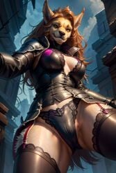 ai_generated anthro blizzard_entertainment cameltoe clothed clothing corset from_below garter_straps imminent_facesitting jacket lace lacing leather looking_at_viewer panties rodinsinker thighhighs warcraft worgen worgen_female world_of_warcraft