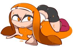 animal_humanoid anthro ass ass_cleavage ass_through_clothes big_ass black_shorts butt_crack cephalopod cephalopod_humanoid covered_in_ink female humanoid inkling inkling_girl kaori_(splatoon) looking_at_viewer mask_(marking) nintendo orange_eyes orange_hair pointy_ears pseudo_hair simple_background splatoon splatoon_(series) squid tentacle tentacle_hair vilepluff white_background white_shirt