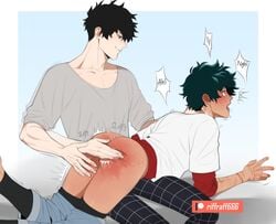 2boys artist_name ass black_hair black_pants clothes_pull collarbone freckles green_hair grey_shirt highres izuku_midoriya layered_sleeves long_sleeves looking_at_another lying male_focus midoriya_izuku multiple_boys my_hero_academia on_lap open_mouth pants pants_pull patreon_username red_shirt riffraff riffraffhellyea saliva shindou_you shirt short_hair short_over_long_sleeves short_sleeves sitting slapping sleeves_pushed_up smile spanking tongue white_shirt yaoi yo_shindo