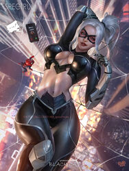 1boy 1boy1girl 1girls artist_name bare_midriff black_cat_(marvel) breasts busty cellphone cleavage cleavage_cutout clothed domino_mask felicia_hardy female hips hourglass_figure large_breasts light-skinned_female light_skin lips lipstick looking_at_viewer marvel mask midriff navel phone pinup ponytail smile spider-man spider-man_(ps4) spider-man_(series) straight_hair thick thick_thighs venom_(marvel) voluptuous watermark white_hair wide_hips yam_spectrum