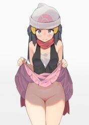 1girls alternate_breast_size blue_eyes blue_hair blush bottomless breasts clothing dawn_(pokemon) eye_contact female female_only hairless_pussy hat headwear high_resolution human looking_at_viewer medium_breasts nintendo no_panties no_pubic_hair pale_skin pink_skirt pokemon pokemon_dppt pussy shaved_pussy skirt skirt_lift solo spring2013 standing thighs