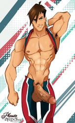 1boy abs armpits arms_up bara big_balls big_muscles big_penis brandon_(winx_club) brown_hair cocky erection hair heavy_balls human lad lilprincyvi male male_only partially_clothed pecs penis phausto six_pack solo tank_top topless winx_club