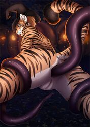 anal anal_sex anthro black_stripes brown_hair deeless digital_media_(artwork) eyebrows eyelashes felid female fur genitals hair hi_res mammal orange_body orange_fur pantherine penetration pussy solo striped_body striped_fur stripes tentacle tiger