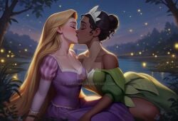 2girls ai_generated arm_at_side arm_sleeves bare_shoulders black_hair blonde_female blonde_hair blurry blush bopitphy breasts cleavage closed_eyes collarbone company_connection couple crossover curly_hair dark-skinned_female dark_skin depth_of_field disney disney_princess dress duo eyeshadow female/female female_only fireflies green_dress hair_bun hair_ornament interracial interracial_couple interracial_yuri kissing light_particles lips lipstick long_dress long_hair long_sleeves love makeup medium_breasts multiple_females multiple_girls mutual_yuri neck night night_sky off-shoulder_dress off_shoulder outdoors pink_lipstick princess princess_tiana puffy_long_sleeves puffy_sleeves purple_dress purple_lipstick rapunzel rapunzel_(tangled) romantic romantic_couple short_hair short_sleeves sitting sky small_breasts straight_hair swamp tangled the_princess_and_the_frog tiana tied_hair tree very_long_hair water yuri