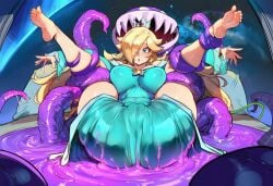 1girls 2d ai_generated bangs_over_one_eye bare_soles blonde_hair blue_dress blue_eyes cameltoe crown ear_ring earrings feet feet_up female fully_clothed goo hair_over_one_eye held large_ass leafyviolet legs_apart legs_up mario_(series) monster night nintendo piranha_plant prickly_piranha_plant princess_rosalina purple_goo rosalina silver_crown super_mario_galaxy tentacle tentacle_hold thick_tentacle tied_up trapped white_skin wrapped_up