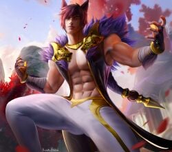 abs animal_ears bare_shoulders bishonen fingerless_gloves gasaiv gloves kodogasai league_of_legends looking_at_viewer looking_down male male_focus male_only muscles muscular muscular_male purple_hair scar sett solo vastaya yellow_eyes