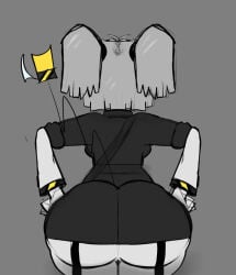 1girls ass ass_focus big_ass big_butt black_clothing butt butt_focus female female_focus female_only grey_background grey_hair hand_on_hip hands_on_hips j_(murder_drones) murder_drones robot robot_girl robot_humanoid solo solo_female solo_focus strap-on tail