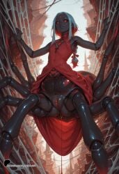 8_eyes ai_generated arachne arachnid arachnid_humanoid arachnophilia black_hands black_nails black_sclera black_skin braid carapace climbing clitoral_hood dress_lift female flashing flat_chest joints latentlust long_dress low_braid pussy pussy_juice pussy_juice_drip red_dress red_eyes red_hair sidelocks single_braid sleeveless small_breasts solo spider_eyes spider_girl spider_legs spider_web tight_dress two-tone_hair web white_hair