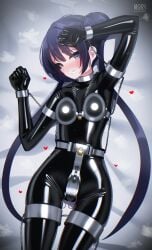 1girls black_latex bondage bound bound_wrists chains chastity_belt chastity_bra chastity_device clenched_teeth collar cuff_(restraint) female female_chastity female_only gloves latex latex_clothing latex_gloves maguro27 metal_bra metal_collar metal_cuffs rubber rubber_clothing shiny_clothes thigh_cuffs tight_clothing vibrator_cord vibrator_in_pussy