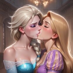 2girls ai_generated arm_at_side bangs blonde_female blonde_hair blue_dress blush bopitphy braid breasts chandelier cleavage closed_eyes collarbone company_connection couple crossover disney disney_princess dress duo elsa_(frozen) eyeshadow female/female female_only frozen_(film) indoors kissing lips lipstick long_hair love makeup medium_breasts multiple_females multiple_girls mutual_yuri neck off-shoulder_dress off_shoulder palace parted_bangs pink_lipstick princess purple_dress purple_eyeshadow queen rapunzel rapunzel_(tangled) romantic romantic_couple straight_hair tangled tied_hair upper_body very_long_hair window yuri