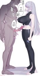 1boy absurdres ak-15_(girls'_frontline) artist_name black_pants black_shirt clothed_female_nude_male commander_(girls'_frontline) dark-skinned_male dark_skin eonsang erection expressionless female from_side full_body girls'_frontline girls'_frontline_2:_exilium grey_hair hair_over_one_eye highres korean_text long_hair looking_at_another nude pants penis shirt sleeveless sleeveless_shirt standing stirrup_legwear straight toeless_legwear translation_request turtleneck turtleneck_shirt voymastina_(girls'_frontline_2) white_background