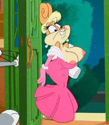 accurate_art_style breast_expansion buckteeth bugs_bunny cleavage cleavage_overflow clutch dress eyeshadow fur huge_breasts lola_bunny monkeyman_(artist) nipple_slip nipples nipples_outside no_bra screenshot_edit the_looney_tunes_show