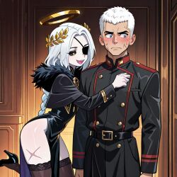 2boy ai_generated androgynous black_fingernails black_sclera braided_ponytail embarrassed_expression eyepatch fangs femboy flirting flirting_with_partner fur_trim girly gold_eyes halo laurel_crown leaning_forward leotard long_coat long_hair looking_away military military_uniform opulent_details otoko_no_ko scars scars_all_over scars_on_face scars_on_thighs short_hair thighhighs white_hair