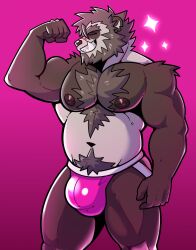 2024 anthro areola ball_bulge barazoku bear beard big_bulge biped body_hair brown_hair bulge chest_tuft closed_eyes clothed clothing colored darolion facial_hair fingers fist flexing flexing_bicep front_view fur giant_panda grey_body grey_fur hair happy_trail head_turned hi_res humanoid_hands jockstrap jockstrap_only looking_aside male male_only mammal musclegut muscular muscular_anthro muscular_male navel nipples pecs pink_background pink_clothing pink_jockstrap pink_underwear portrait pose pubes shaded short_hair simple_background smile smirk solo sparkles standing three-quarter_portrait topless topless_anthro topless_male tuft underwear underwear_only