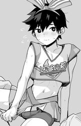 1boy androgynous ashamed black_and_white blush cheerleader cheerleader_outfit cheerleader_uniform crop_top crossdressing dark_hair echi_echi_tk femboy girly hero_(omori) looking_to_the_side male male_only midriff mob_face monochrome omori pale-skinned_male pale_skin skirt_down solo sweat sweatdrop sweating twink