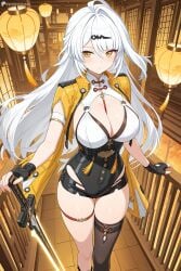 ahoge ai_generated black_gloves black_legwear blush breasts cleavage digitalwaifugallery dress female female_only fingerless_gloves gloves gun hair_ornament hi_res high_quality high_resolution hoyoverse indoors lantern large_breasts long_hair looking_at_viewer patreon seductive sexy silver_hair single_thighhigh solo thighhighs thighs torn_clothes torn_legwear uncensored very_long_hair watermark weapon white_hair yellow_eyes yixuan_(zenless_zone_zero)