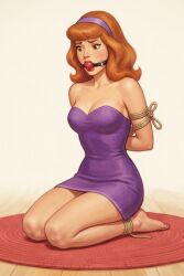 1girls 2d ai_generated ankles_tied arms_behind_back arms_tied_behind_back ball_gag bondage daphne_blake kneeling looking_down minidress purple_dress scooby-doo strapless strapless_dress