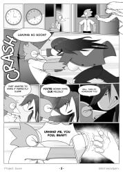 2026 angry anthro avian bangs berdly bird bottomwear clock clothing clothing_grab collared_shirt comic confrontation deltarune denim denim_bottomwear denim_clothing dialogue dress_shirt duo english_text eyewear female glasses greyscale grin hair hi_res jacket jeans locker long_hair male monochrome monster motion_blur nervous onomatopoeia pants school_hallway shirt shorts smile sneaking sound_effects speech_bubble straight_hair susie_(deltarune) tackle text time_lapse topwear torn_bottomwear torn_clothing torn_pants undertale_(series) url wtperv