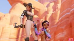 1futa 1girls 3d ashe_(overwatch) balls big_penis blender dark-skinned_female dark_skin dickgirl futa_on_female futanari handjob interracial large_penis neonsin overwatch sombra veiny_penis