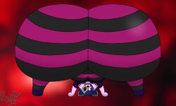 2026 anthro ass bent_over big_butt big_vulva black_bottomwear black_clothing black_nose black_pants blue_body blue_ears blue_hair blue_inner_ear blue_inner_ear_fluff bottomwear camel_toe canid canine clothing colored crazy_eyes digital_media_(artwork) faye_(reathe) female fox genitals hair hi_res huge_butt hyper hyper_butt hyper_genitalia hyper_vulva inner_ear_fluff insane looking_at_viewer looking_back looking_back_at_viewer looking_through looking_through_legs mammal multicolored_body pants pattern_bottomwear pattern_clothing pattern_pants pink_body pink_bottomwear pink_clothing pink_pants purple_clothing purple_shirt purple_tongue purple_topwear rear_view reathe red_background red_eyes shaded sharp_teeth shirt signature simple_background smile smiling_at_viewer solo teeth tight_clothing tongue tongue_out topwear tuft two_tone_body upside-down vulva