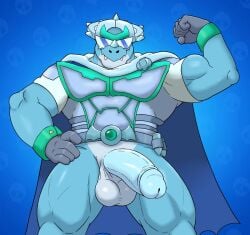 1boy 2026 anthro armor armored_male balls bara bicep blue_background brawl_stars cape dinosaur dinosaur_humanoid flex flexing flexing_bicep foreskin furry gay gay_male glasses gloves helmet looking_at_viewer male male_only muscles muscular muscular_male penis penis_focus penis_out pierce_(brawl_stars) scalie scalie_humanoid scrotum shiny shiny_skin solo solo_male testicles yaoi