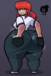 2026 2d 2girls arianna_(rejectdoodles) ass_shine background_character big_ass big_hips butt_crack clothed freckles freckles_on_face ginger glasses hands_in_pockets high_resolution highres hips jennilda_(rejectdoodles) large_ass lazycumlol light-skinned_female light_skin looking_at_butt looking_back motion_lines nasty_spaghjett oc orange_hair original ponytail shiny_ass smirk