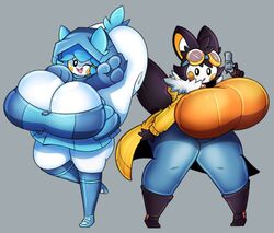 2girls big_breasts cleavage dewbber duo emolga female furry gloves gun hood huge_breasts large_tail nintendo pachirisu pokémon_(species) pokemon revolver smile thick_thighs video_games wide_hips wink