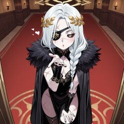 1boy 1male ai_generated androgynous black_fingernails black_sclera blowing_kiss braided_ponytail embarrassed_expression eyepatch fangs femboy flirting flirting_with_partner fur_trim girly gold_eyes halo hands_on_thighs hearts hearts_around_head laurel_crown leotard long_coat long_hair looking_at_viewer male_focus male_only mascara military military_uniform only_male opulent_details otoko_no_ko pov scars scars_all_over scars_on_face scars_on_thighs short_hair single_male solo_male thighhighs white_hair