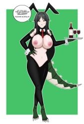 animal_ears anime_style anthro anthropomorphic bare_legs bare_shoulders black_bodysuit black_hair blush bodysuit bunny_ears choker clawed_feet clawed_hands claws cleavage collar curvaceous exposed_midriff female full_body genderswap genderswap_(mtf) green_scales hand_on_hip humanized humanized_scp large_breasts long_hair looking_at_viewer navel necktie nipples pussy red_necktie reptile reptilian_tail reverse_bunnysuit rule_63 scales scalies scp-682 scp-682_(reptilia_queen) scp_foundation serving_tray sharp_claws sleeves slit_pupils solo spiked_tail standing tail text text_bubble thick_thighs topless underboob waitress white_cuffs wide_hips wine wine_bottle wine_glass yellow_eyes