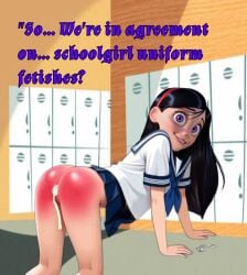 ai_generated anal black_hair cum cum_in_ass exposed_ass lockers panicked_look public_exposure purple_eyes red_butt school school_uniform schoolgirl skinny skinny_female skinny_legs skirt_fetish skirt_up small_breasts small_butt small_waist spanked spanking sperm violet_parr