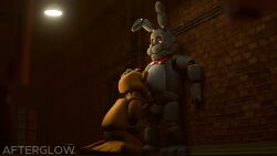 2boys afterglownsfw against_surface against_wall animated animatronic anthro anthro_on_anthro bear blowjob bonnie_(fnaf) bowtie erection fellatio five_nights_at_freddy's fnaf freddy_(fnaf) gay glowing_eyes hand_on_head living_machine looking_pleasured machine male male/male male_only on_knees penis rabbit robot scottgames sex sound tagme video