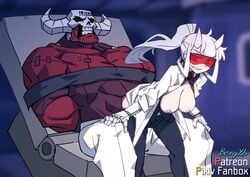 1boy 1girls 2demons animated areolae arms_behind_back bent_over berg bouncing_breasts bound bound_torso breasts buttjob colored_skin demon_boy demon_girl demon_horns evil_grin female goggles grin helltaker horns hot_dogging labcoat large_breasts long_hair loremaster_(helltaker) malesub nipples pants penis ponytail red-tinted_eyewear red_skin reverse_rape sitting smile smirk straight subject_67_(helltaker) sunglasses tinted_eyewear visor white_hair