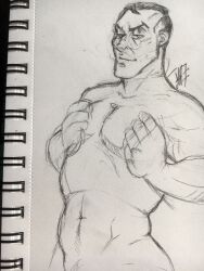 annalaatikko big_pecs covering_chest dilf glasses graphite_(artwork) large_pectorals medic_(team_fortress_2) nude older_male pec_squish smirk team_fortress_2