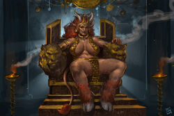 anthro barely_visible_genitalia barely_visible_pussy big_breasts bovid bovine breasts breasts_apart chair european_mythology female furniture genitals greek_mythology hi_res hooves horn humanoid humanoid_pointy_ears justsomenoob mammal minotaur minotaur_female mythology pasties pussy sitting solo spread_legs spreading tail_tuft thick_thighs throne tuft