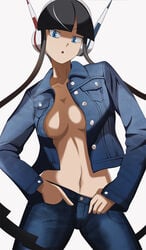 1girls 2021 belly_button black_hair blue_eyes breasts elesa_(pokemon) elesa_(pokemon_bw2) game_freak jacket nintendo no_bra pokemon solo solo_female tagme vivivoovoo