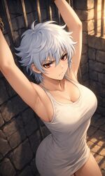 ai_generated angry annoyed armpits arms_up big_breasts chained cleavage female female_only genderswap_(mtf) gintama gintoki_sakata looking_at_viewer looking_up red_eyes restrained rule_63 shackled shackles short_hair solo tank_top tomboy white_hair