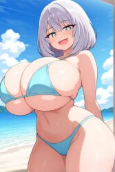 ai_generated beach bikini blue_eyes female flesh_fang huge_breasts schoolgirl silver_hair skin_fang tejina_senpai tejina_senpai_(character) thick_thighs